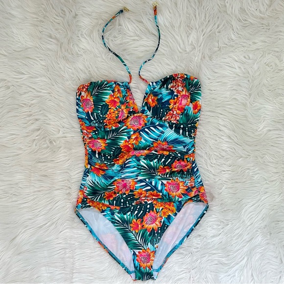 sunseeker Other - SUNSEEKER 12 L RARE Vibrant Tropical Floral Palm Bandeau Halter Swimsuit HTF